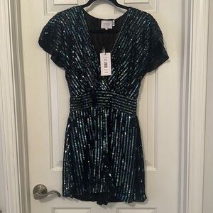 NWT One33 social sequin romper short sleeve black blue size 0